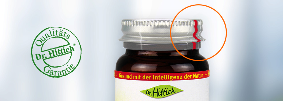 Dr. Hittich Glas mit silberfarbenem Metall-Drehverschluss und hermetische Versiegelung.